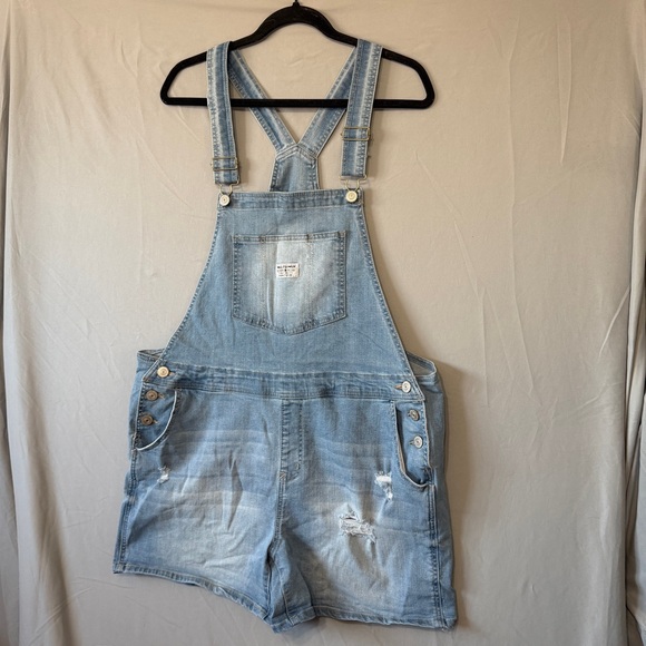 Wallflower Womens Distressed Denim Overalls Shortalls XL Blue Hipster Festival - Picture 3 of 8